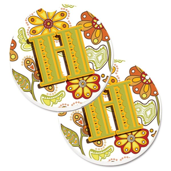 Carolines Treasures Letter H Floral Mustard and Green Set of 2 Cup Holder Car Coaster CJ2003-HCARC - main